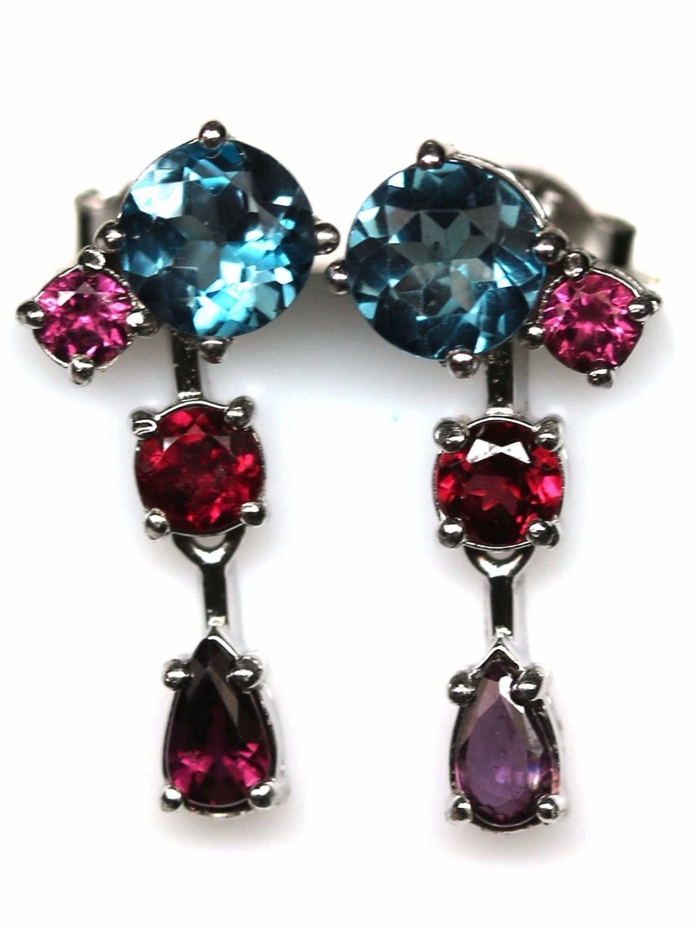 Impressive Natural London Blue Topaz & Garnet Drop Earrings 14K White Gold